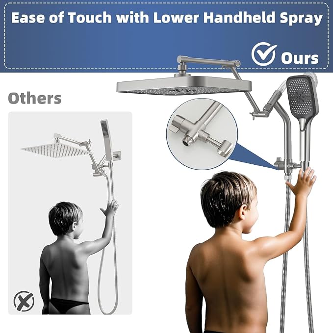 14" High Pressure Rain/Rainfall Shower Heads With Handheld Spray Combo (3+1 Settings & Built-in Power Wash Mode), Double/Dual Shower Head With Handheld - Height/Angle Adjustable(Brushed Nickel)
