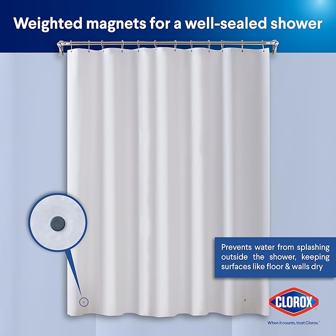 Clorox Shower Curtain Liner, Premium Medium-Weight Durable Waterproof 6g PEVA for Bathroom with Weighted Magnets, Standard Size 72" x 72", Frosty 2 Pack