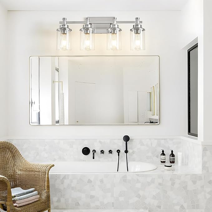 Brushed Nickel Bathroom Lighting Fixtures Over Mirror, 4-Light Bathroom Vanity Light Fixtures, Wall Sconce Lighting Modern Wall Light with Clear Glass Shade, Bathroom Wall Lamp for Hallway