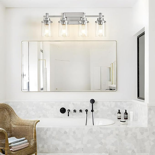 Brushed Nickel Bathroom Lighting Fixtures Over Mirror, 4-Light Bathroom Vanity Light Fixtures, Wall Sconce Lighting Modern Wall Light with Clear Glass Shade, Bathroom Wall Lamp for Hallway