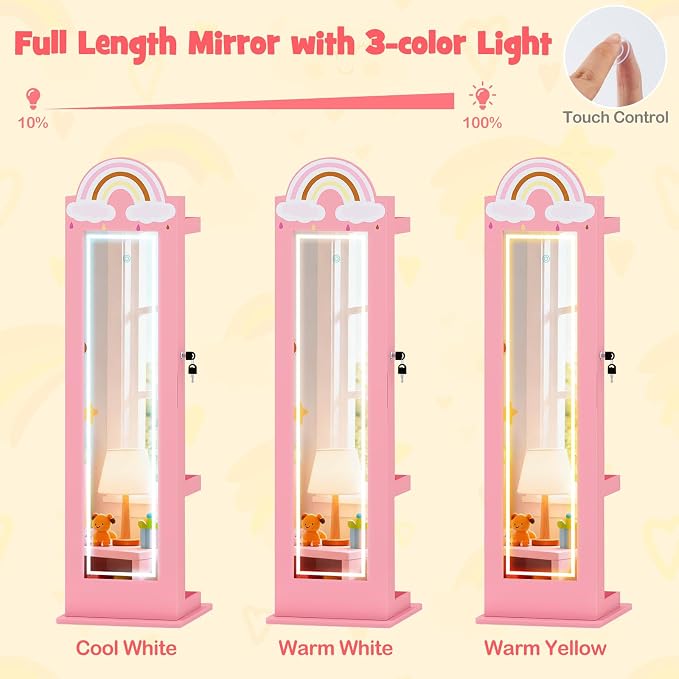 HONEY JOY Kids Jewelry Cabinet with LED Lights, Rainbow Standing Jewelry Armoire w/Full-Length Mirror & Makeup Mirror, Ring Slot, Lockable Princess Jewelry Organizer Storage for Toddler Girls(Pink)