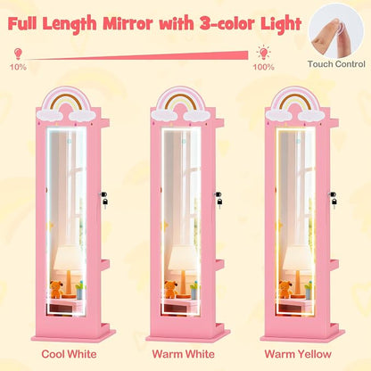 HONEY JOY Kids Jewelry Cabinet with LED Lights, Rainbow Standing Jewelry Armoire w/Full-Length Mirror & Makeup Mirror, Ring Slot, Lockable Princess Jewelry Organizer Storage for Toddler Girls(Pink)