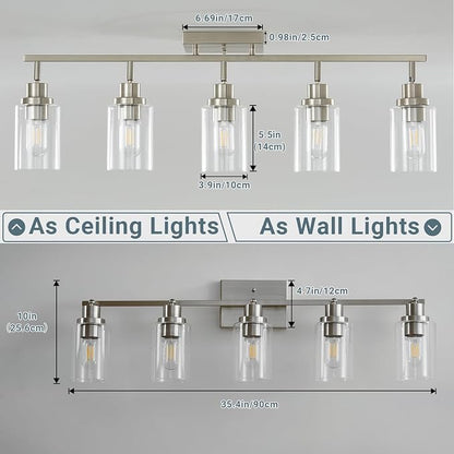 LOUSACE 5-Light Brushed Nickel Track Lighting Kit with Clear Glass, Modern Track Light Fixtures Flush Ceiling Mounted, Tracking Vanity Lighting Rotatable Spotlight for Kitchen Bathroom Accent Shop