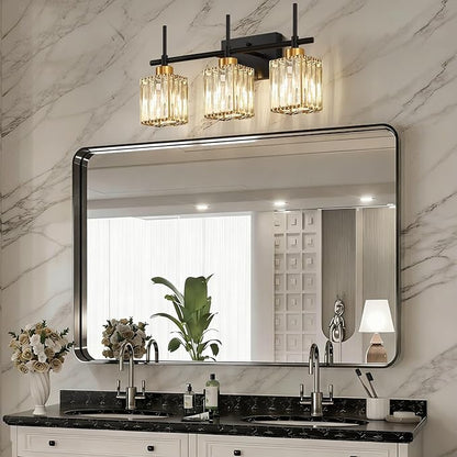 Torondo Modern Crystal 3-Light Vanity Lights for Bathroom Gold Bathroom Lights Over Mirror Black and Gold Vanity Lighting Fixtures Square Shade Brass Wall Sconce (Bulbs Not Include)