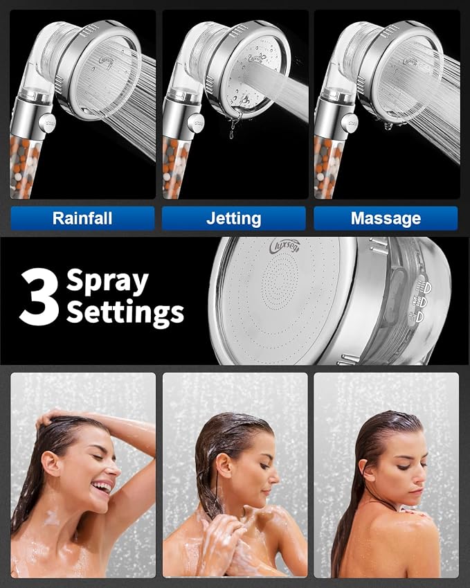 Filtered Shower Head for Hard Water with Stop, High Pressure | 4-Mode, Built-in Power Spray to Clean Corner, Tub & Pets, Water Softener Handheld Shower to Remove Chlorine & Fluoride