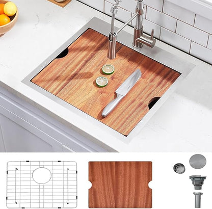 HOTIS 21 X 20 Inch Drop In Kitchen Sink, Handmade Stainless Steel Kitchen Sink, Large Residential Sinks with 1 Holes, Single Bowl Workstation with Dish Grid & Drain and Cutting Board