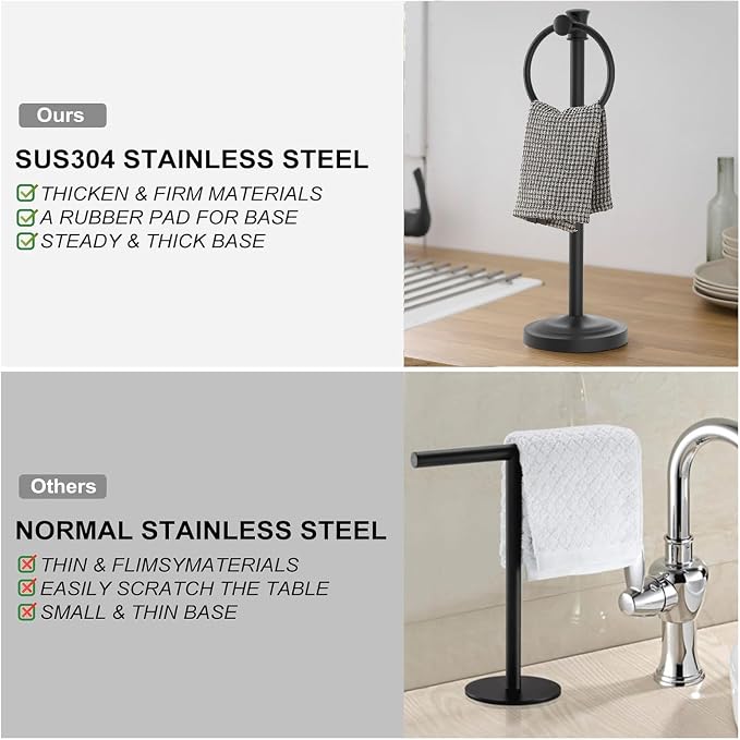 Hoimpro Hand Towel Holder Free Standing Towel Bar Matte Black | Hanging Floor Hand Towel Rack Ring, for Bathroom Kitchen Vanity Countertops, Hardware Accessories SUS 304 Heavy-Duty Base