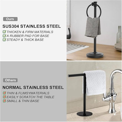 Hoimpro Hand Towel Holder Free Standing Towel Bar Matte Black | Hanging Floor Hand Towel Rack Ring, for Bathroom Kitchen Vanity Countertops, Hardware Accessories SUS 304 Heavy-Duty Base