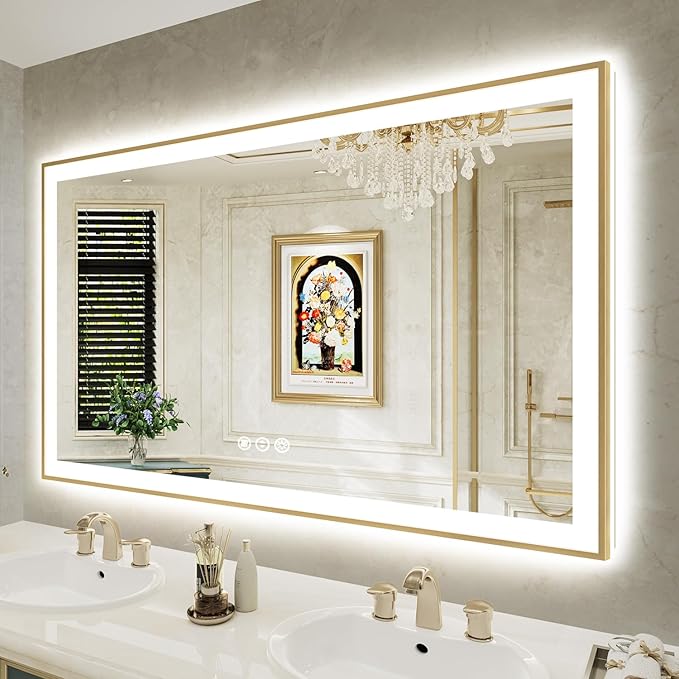 60x36 Inch LED Bathroom Mirror with Lights (Front Lit and Backlit) Gold Framed Lighted Vanity Mirror for Bathroom Wall Dimmable Anti-Fog Memory Tempered Glass Horizontal/Vertical
