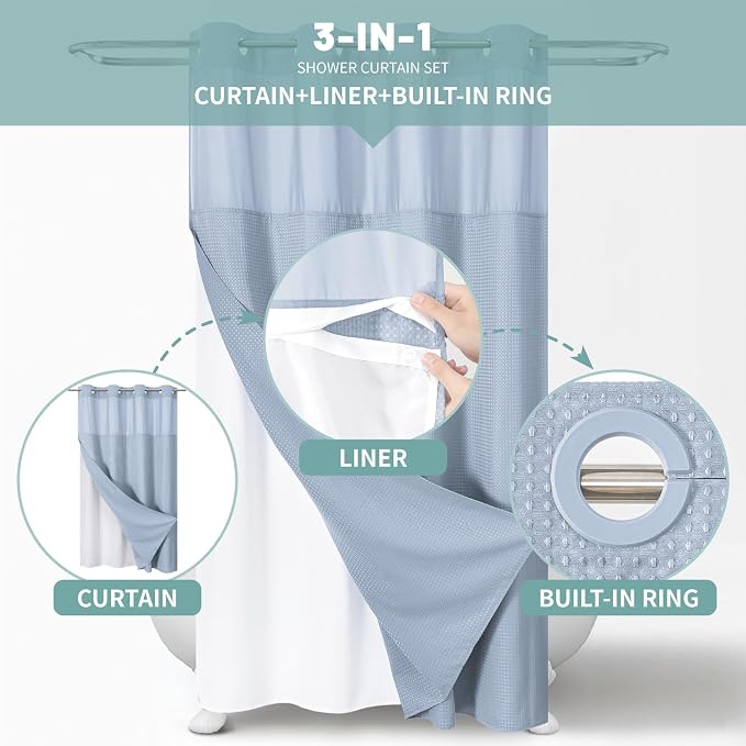 No Hook Waffle Shower Curtain with Snap-in Liner, 54x80 Inch, Frost Blue | 230GSM waffle weave fabric, waterproof liner set with 2 bottom magnets, mesh window, washable, for shower stalls or bathrooms