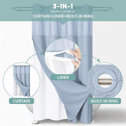 No Hook Waffle Shower Curtain with Snap-in Liner, 54x80 Inch, Frost Blue | 230GSM waffle weave fabric, waterproof liner set with 2 bottom magnets, mesh window, washable, for shower stalls or bathrooms