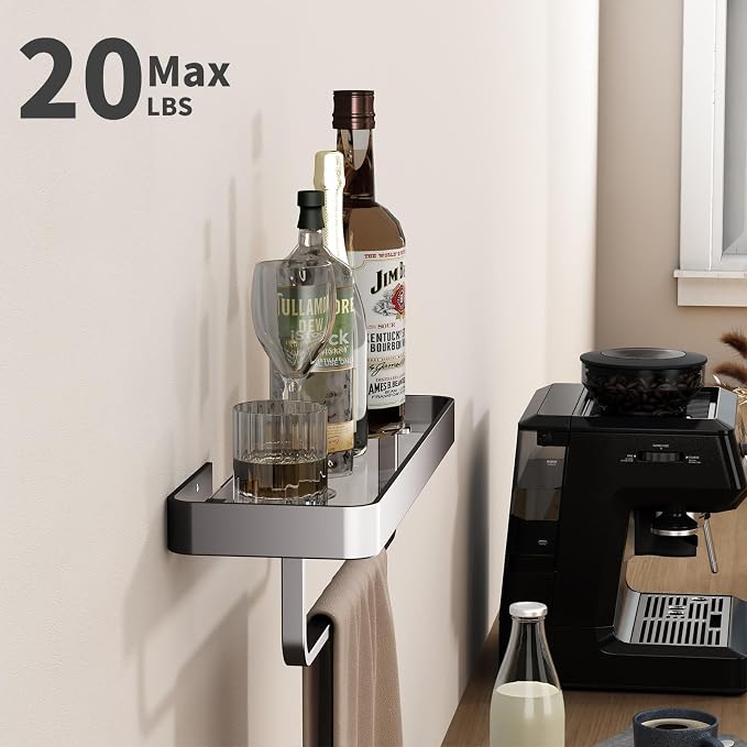 16 Inch Long Floating Bathroom Shelf with Towel Bar, Clear Tempered Glass Wall Shelf with Hand Towel Holder for Bathroom Storage Organizer, Matte Black