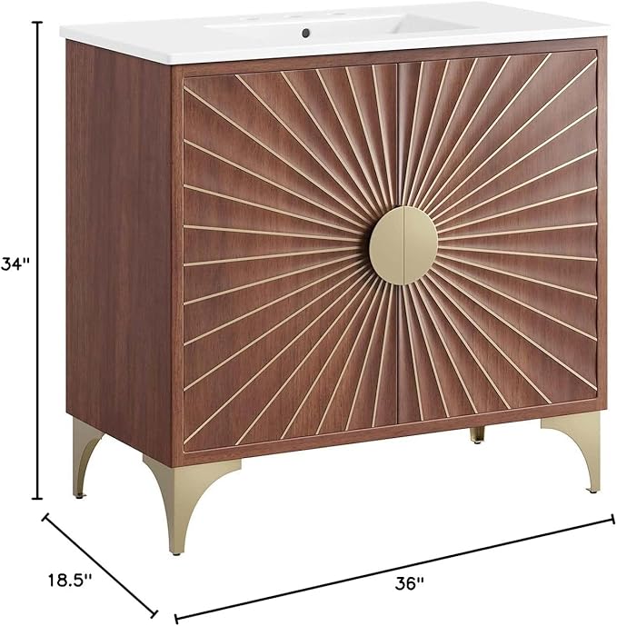 Modway Daylight Bathroom Vanity Cabinet with Ceramic Sink Basin, 36 Inch, White Walnut