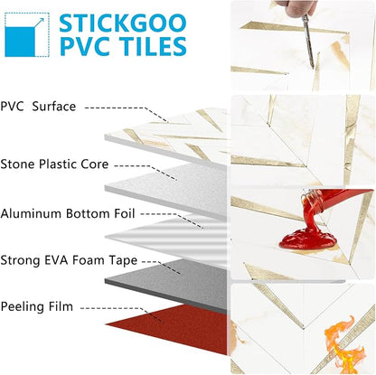 STICKGOO Herringbone Tile Peel and Stick Backsplash for Kitchen&Bathroom | 10-Sheet Self Adhesive Wall Tiles, Calacatta Marble Mixed Light Gold PVC Stick on Backsplash Tile for Kitchen,Bathroom