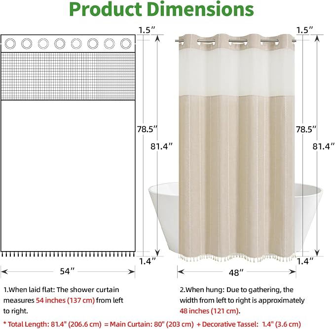 eachope No Hook Stall Shower Curtain with Snap-in Fabric Liner - 54x80 Heavy-Duty Linen Textured Striped Design,Narrow Rustic Modern Farmhouse Bohemian Bathroom Curtain,Water-Repellent,Cream/Beige | 330GSM Heavy-Duty Linen Textured Striped Design,Narro...