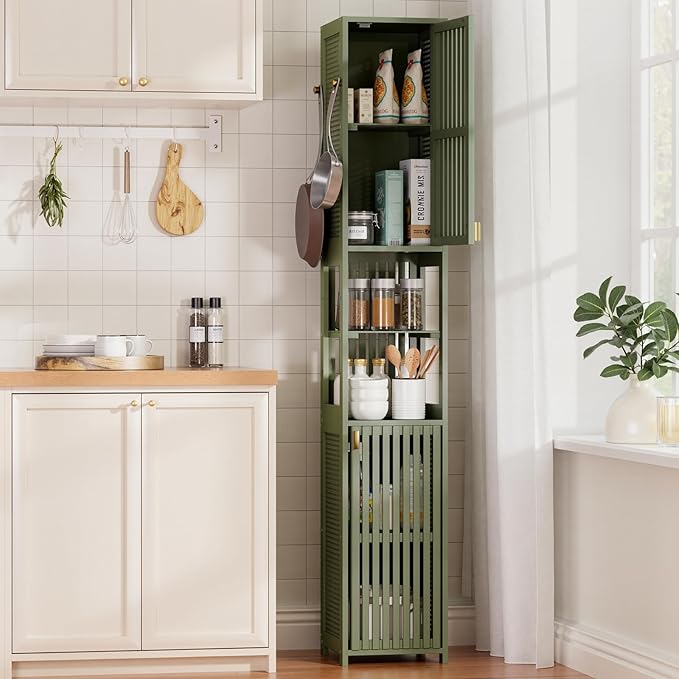 Amazer 70'' Tall Bathroom Storage Cabinet Bamboo, Slim Storage Cabinet with Rattan Door and Adjustable Shelves, Narrow Freestanding Organizer for Living Room Kitchen, Forest Green
