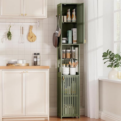 Amazer 70'' Tall Bathroom Storage Cabinet Bamboo, Slim Storage Cabinet with Rattan Door and Adjustable Shelves, Narrow Freestanding Organizer for Living Room Kitchen, Forest Green