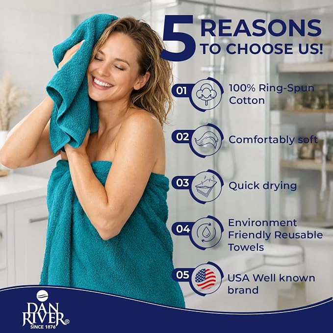 DAN RIVER 8 Piece Luxury Bath Towels for Bathroom, Towel Set, Teal | 2 Bath towels, 2 Hand towels, and 4 Wash Cloths, 600 GSM 100% Ring Spun Cotton, Highly Absorbent, Gym, Hotel, guest, and Spa