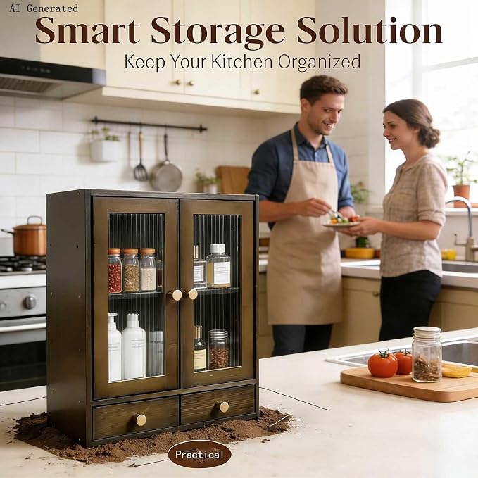 Brown Bamboo Countertop Cabinet Ribbed Magnetic Glass Doors with 2 Drawers | 14.6"W×6.7"D×18.1"H cabinet with adjustable inner shelves, multi-use for kitchen bedroom bathroom office sideboard storage