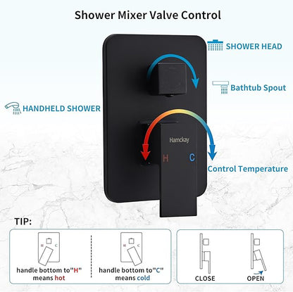 8 inch Matte Black Shower System with Tub Spout, Shower Faucet Set with Rain Shower Head and Handheld 3-Setting, Waterfall Bathtub Spout Rainfall Shower Combo Set for Bathroom Wall Mounted