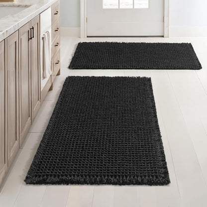 MIULEE Set of 2 Waffle Bathroom Rugs Boho Bath Mat Black 24x36 Inch | Non Slip, Super Absorbent, Washable, Ultra Soft, Rubber Backed, Large Bath Rugs for Bathroom Floor Tub Shower