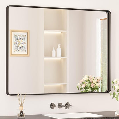 Keonjinn Black Framed Mirror for Bathroom 40 x 30 Inch Rounded Rectangle Wall Mirror, Matte Black Vanity Mirror for Over Sink, Tempered Glass Farmhouse Mirrors Seamless Metal Frame
