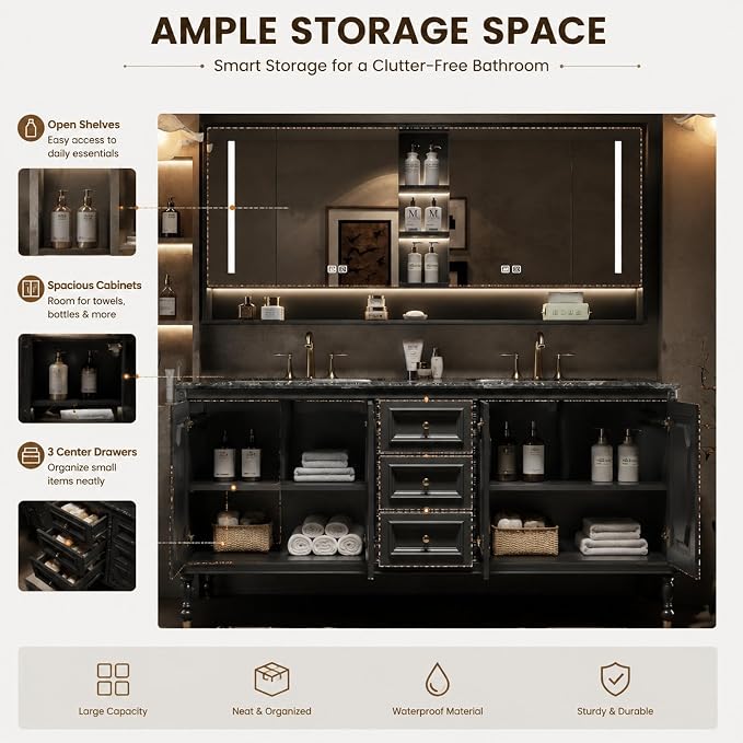 58 in Double Bathroom Vanity with Sinks - Modern Floating Bathroom Vanity with Solid Wood Cabinet, Anti-Fog Mirror and Integrated Stone Sinks | Wall Mounted Design | Ample Storage