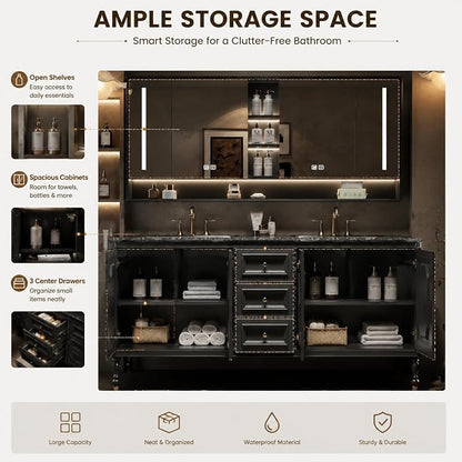 58 in Double Bathroom Vanity with Sinks - Modern Floating Bathroom Vanity with Solid Wood Cabinet, Anti-Fog Mirror and Integrated Stone Sinks | Wall Mounted Design | Ample Storage