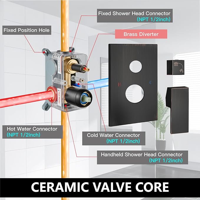 Midanya Shower Faucet Set,Wall Mount Shower System with Square Rain Shower Head and Hand Sprayer, Rough-in Valve Body and Trim Kit Included,8 Inch,Oil Rubbed Bronze