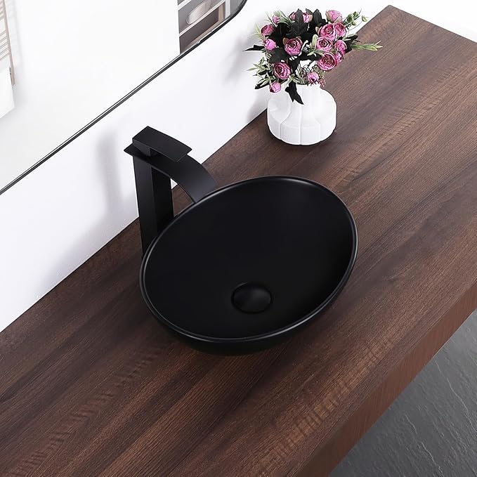 Oval Vessel Sink 16" x 13" Countertop Bathroom Sinks Modern Egg Shape Above Counter Matte Black Ceramic Small Sink Vessel Sinks for Bathrooms