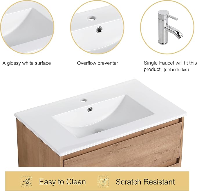 Malwee 30" Floating Bathroom Vanity with Sink, 30 Inch Single Sink Wall Mounted Bathroom Vanity Combo, with 2 Drawers and White Ceramic Basin Top, Bath Wall-Hung Cabinet Set with Storage MA05130IMO