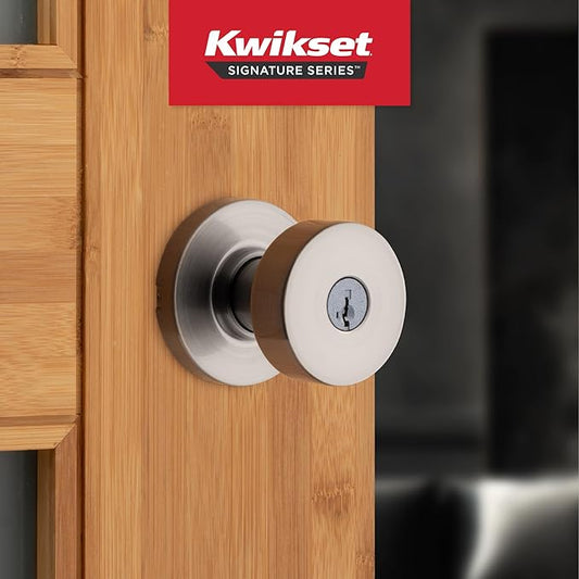 Kwikset Pismo Round Entry Doorknob with Lock and Key, Secure Keyed Handle Exterior Doorknob, Front Entrance and Bedroom, Satin Nickel, Pick Resistant SmartKey Rekey Security