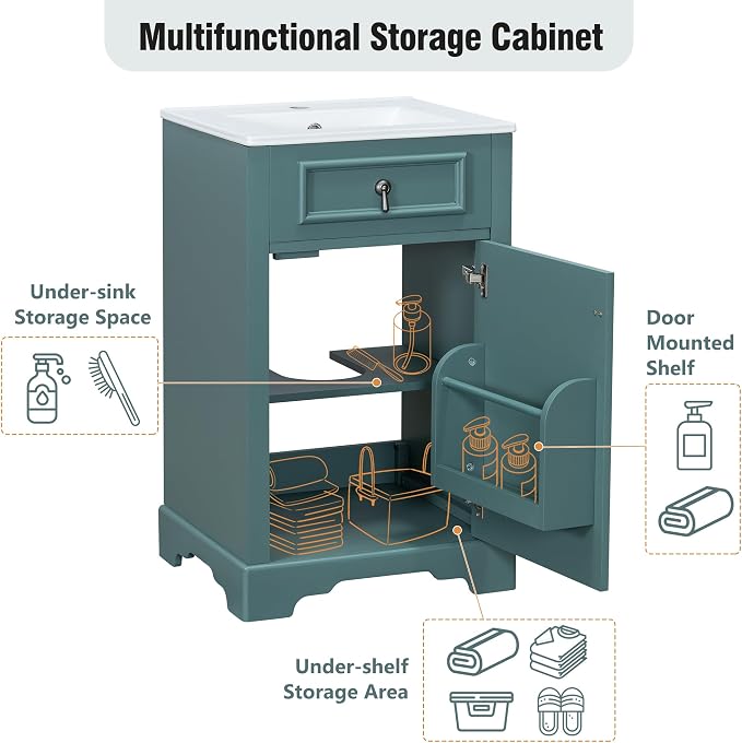 Merax Modern 20'' Bathroom Vanity with Single Sink Combo, Solid Wood Bathroom Storage Cabinet with Soft Close Door & Adjustable Shelf, Freestanding Vanities Set with Door-Mounted Storage Rack, Green