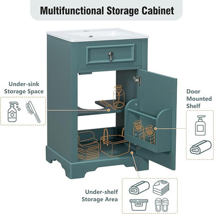 Merax Modern 20'' Bathroom Vanity with Single Sink Combo, Solid Wood Bathroom Storage Cabinet with Soft Close Door & Adjustable Shelf, Freestanding Vanities Set with Door-Mounted Storage Rack, Green