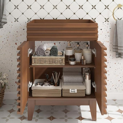 24 Inch Bathroom Vanity Base Cabinet, Walnut Freestanding Bathroom Storage Cabinet Base Only, Modern Wood Grain Vanity Cabinet with Solid Wood Legs and Soft Close Doors, Sink Not Included