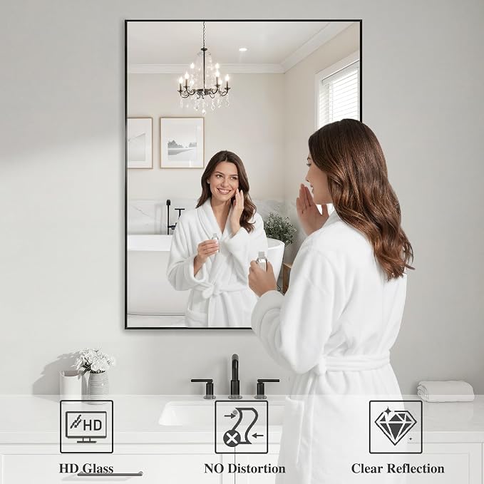 Koonmi Black Mirrors for Wall, 30x40 Inch Bathroom Mirror, Rectangular Wall Mirror for Living Room Bedroom Bathroom, Hangs Horizontally or Vertically