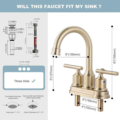 WOWOW Brushed Gold Bathroom Faucet 4 Inch Ceterset Bathroom Sink Faucet 3 Hole Vanity Faucet 2 Handle Basin Faucet with Drain Tall Mixer Tap Modern