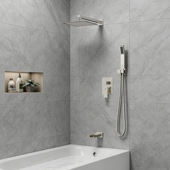SR SUN RISE 10 Inch All Metal Square Shower System with Tub Spout, Tub Shower Faucet Set, High Pressure Rain Shower Head and Handheld Sprayer Shower Fixtues, Valve Included, Brushed Nickel
