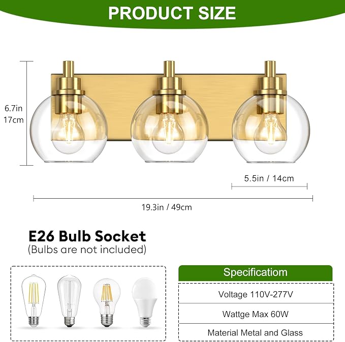 IZORRO Bathroom Light Fixtures, 3-Light Brushed Gold Vanity Light, Modern Wall Sconces with Globe Clear Glass Shade, Vanity Lighting Fixtures Over Mirror,E26 Bulb Socket