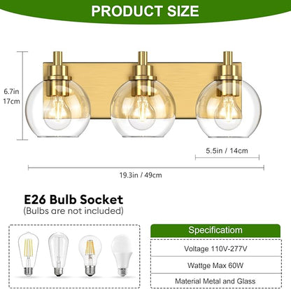 IZORRO Bathroom Light Fixtures, 3-Light Brushed Gold Vanity Light, Modern Wall Sconces with Globe Clear Glass Shade, Vanity Lighting Fixtures Over Mirror,E26 Bulb Socket