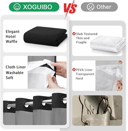 No Hook Shower Curtain with Liner Set Hotel Waffle Curtain Black 72W X 75L | Washable Snap in Fabric Liner, Mesh Top Window, Waffle Hotel Style Shower Curtain Set