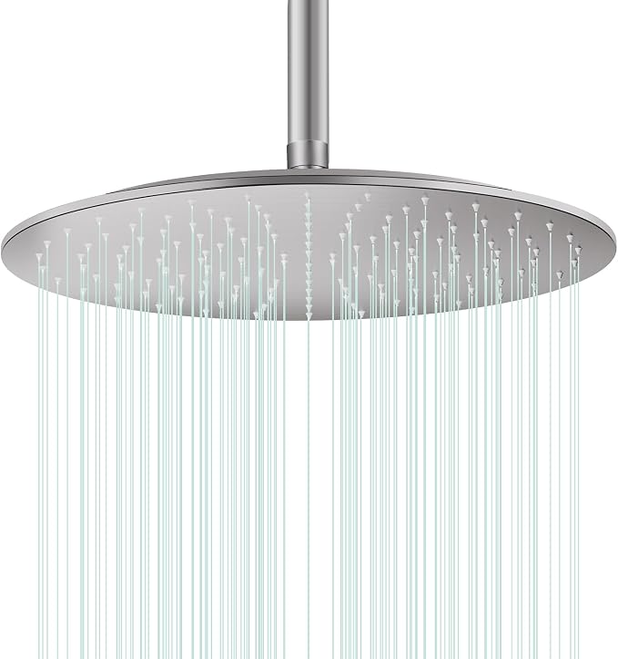 All Metal Rain Shower Head - Heavy Duty Stainless Steel, Easy Install, High Water Flow, Ultra-Thin Modern Design for Bathroom (Brushed Nickel, 16)
