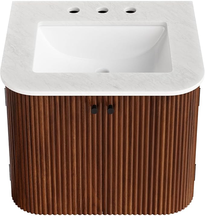 Modway Zia 24 inch Wall-Mount Bathroom Vanity in Walnut with Marble Sink Basin - Floating Bathroom Cabinet with Fluted Design