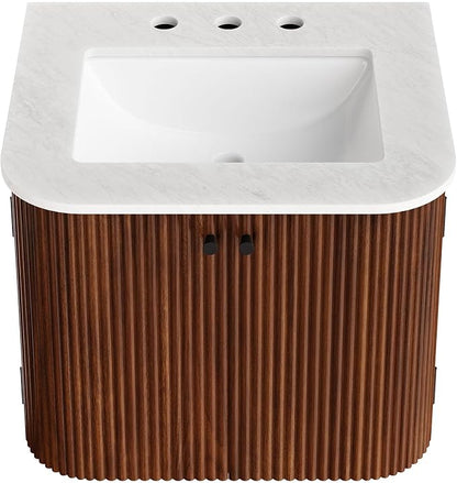 Modway Zia 24 inch Wall-Mount Bathroom Vanity in Walnut with Marble Sink Basin - Floating Bathroom Cabinet with Fluted Design