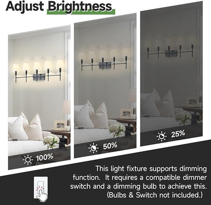 5-Light Vanity Lights for Bathroom,41 in Vintage Black Bathroom Vanity Light Fixtures,with Flared White Fabric Lampshade for Bedroom,Living Room,Foyer,Hardwired,E12 Base