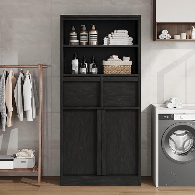 GAOMON 51" Tall Bathroom Storage Cabinet, Floor Cabinet with Doors & 2 Drawers, Organizer Cabinet Freestanding for Bathroom, Living Room, Kitchen & Pantry, Black
