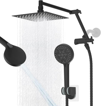 Metal Rain Shower Head with Handheld, 8" High-Pressure Showerhead,10-Mode | Black, Rainfall Shower Head with 5" Large Handheld Spray, Adjustable 16" Shower Extension Arm/71" Hose, Brass 3-Way Diverter