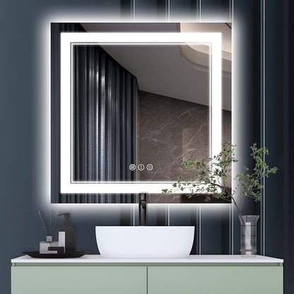 36x36 Inch LED Mirror for Bathroom | Front and Backlit, 3 Colors, Dimmable, Memory, Anti Fog, Shatterproof, Horizontal/Vertical, Lighted Mirrors for Bathroom Wall