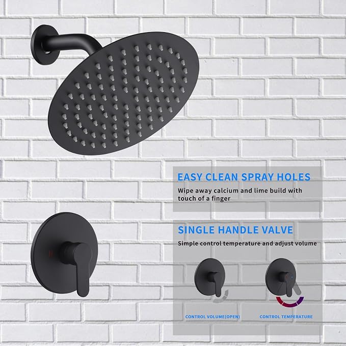 Matte Black Shower Faucet GGStudy Single Function Shower Trim Kit with Rough-in Valve Shower Set Bath Rainfall Shower Faucet System 8inch Round Stainless Steel Metal Shower Head