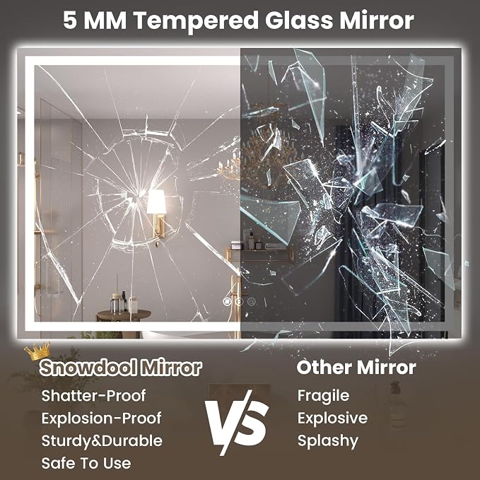 Snowdool 55 x 30 in LED Bathroom Mirror, Front and Backlit, Anti-Fog | Front and Backlit, 3 Color Temperatures, Anti-Fog, Tempered Glass